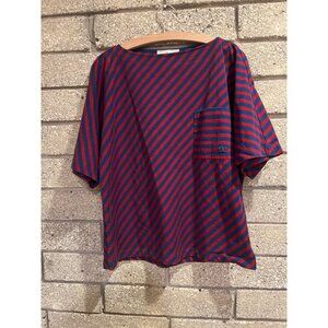 Tory Burch Striped Short-Sleeve Pocket Top Red & Navy Size L 100% Cotton